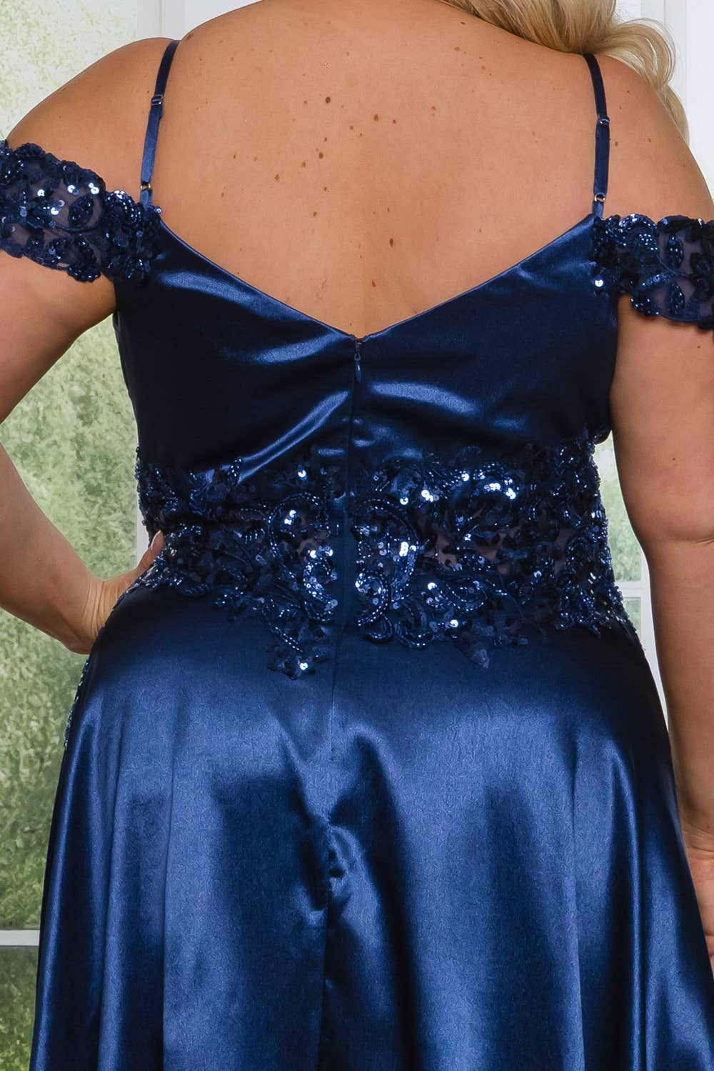 P7536-PLUS SATIN A LINE MAXI DRESS WITH SEQUINS AND BEADING