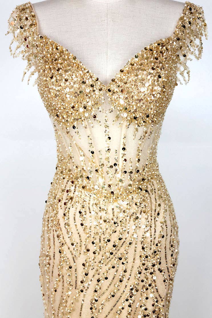 Off the Shoulder Sequin and Bead Long Dress C331