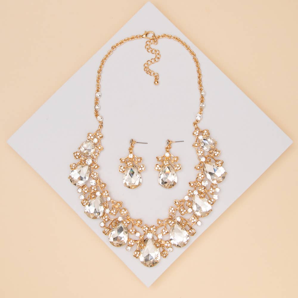 Rhinestone Embellished Teardrop Cut Crystal Necklace Set