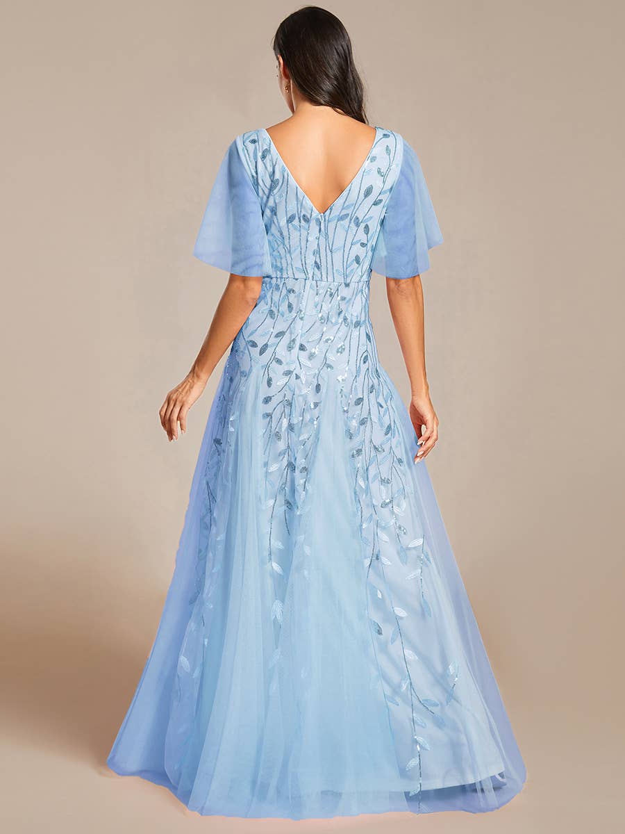 Romantic Shimmery V Neck Ruffle Sleeves Evening Dress