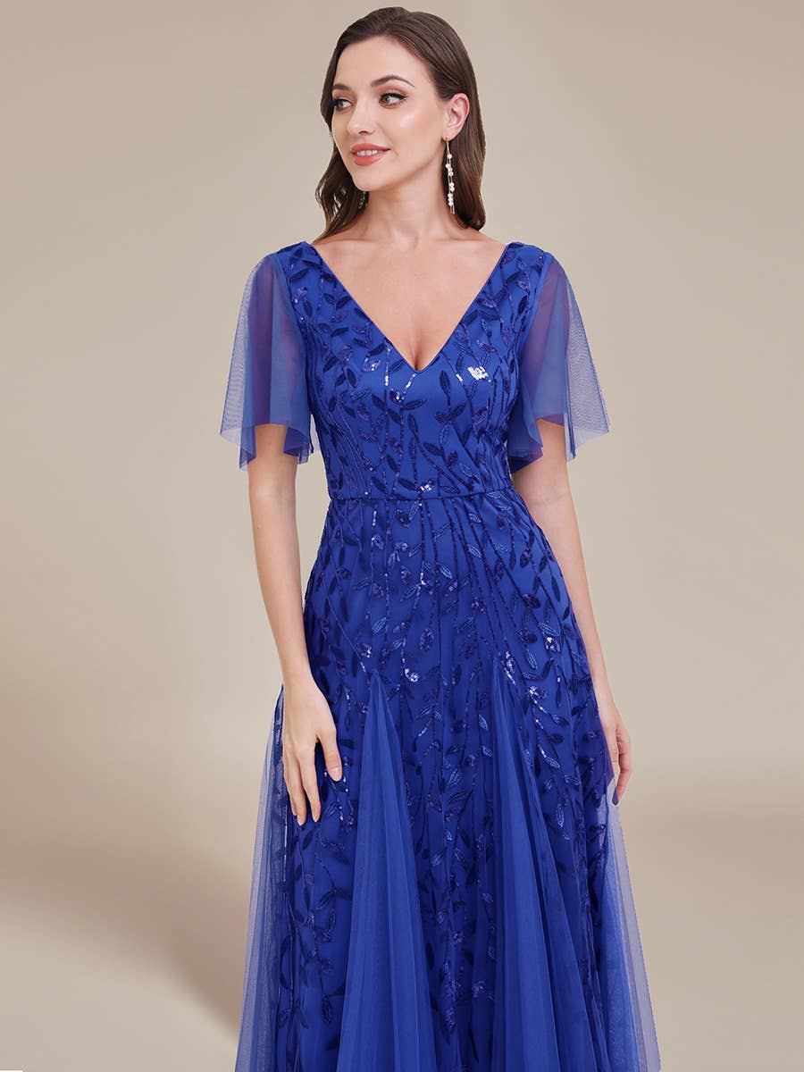 Romantic Shimmery V Neck Ruffle Sleeves Evening Dress