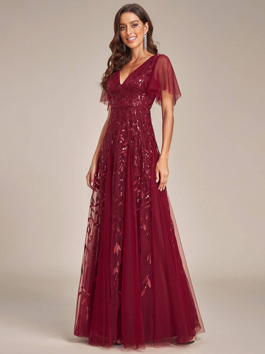 Romantic Shimmery V Neck Ruffle Sleeves Evening Dress