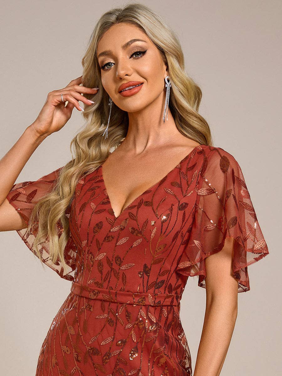 Gorgeous Leaf-Sequined Evening Dress