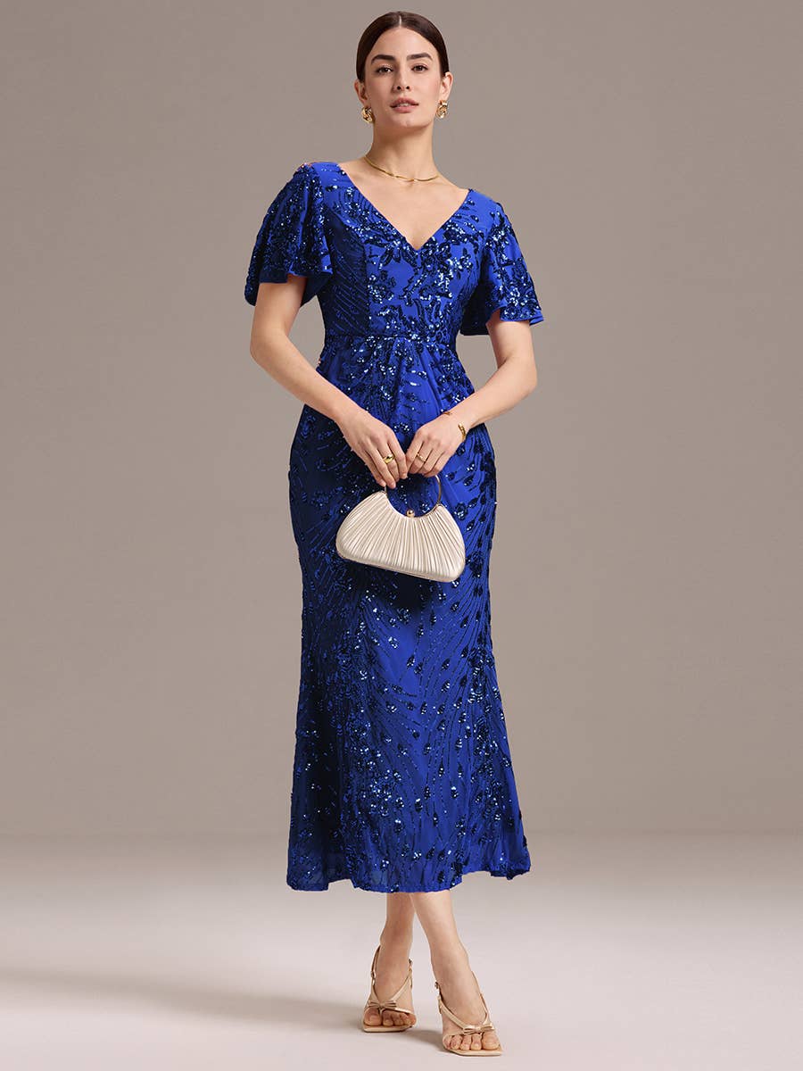 Strapless Deep Fishtail Paillette Midi Evening Dresses