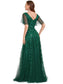 Romantic Shimmery V Neck Ruffle Sleeves Evening Dress