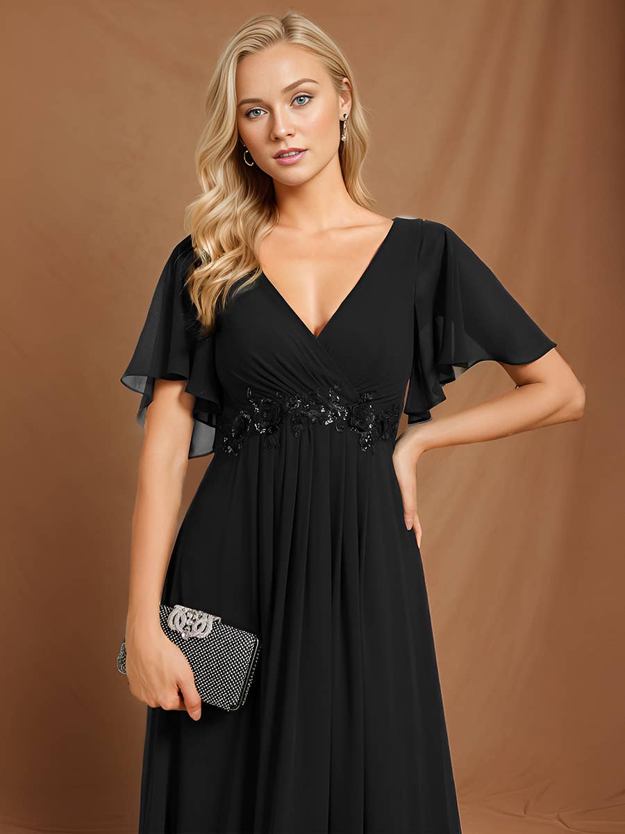 V Neck Appliques Pleated Bridesmaid Dress